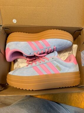 adidas Kids Suede Platform Sneakers in Light Blue and Pink with Gum Sole
